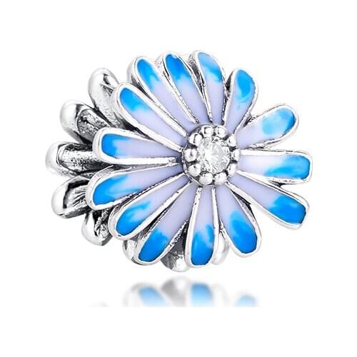 Charms fits for Necklaces Bracelets Blue Daisy Flower Beads 100% 925 Sterling-Silver-Jewelry Free Shipping
