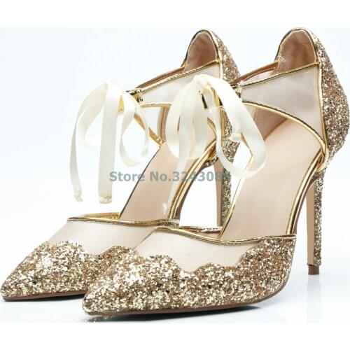 Bling Bling Sequined Pointed Toe Thin High Heel Pumps Shining Gold Mesh Ribbon Lace Up Elegant Banquet shoes Spring New Arrival