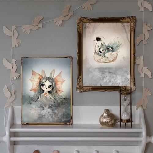 Nordic Cartoon Flower Deer Swing Rabbit Girl Boy Wing Bird Animal Poster Canvas Painting Wall Picture Kid Room Decor gift