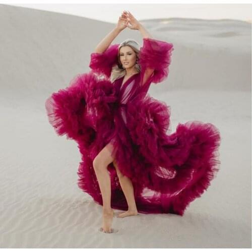 Grape Purple Tulle Dresses For Photo Shoot Puffy Long Sleeves Tulle Robes Front Split Or Open Birthday Party Tulle Gowns