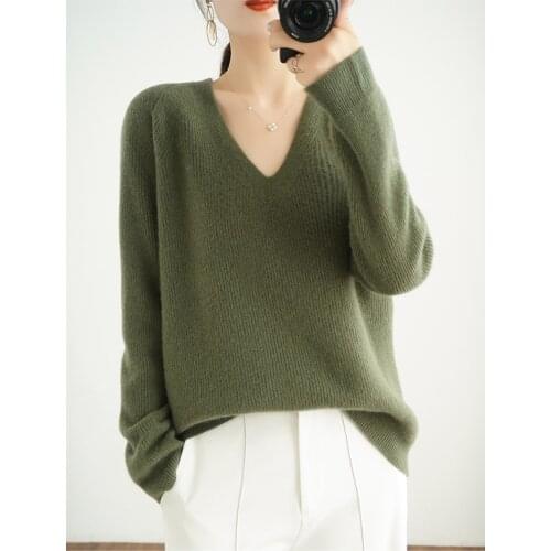 High quality Autumn winter cashmere sweater v-neck ladies loose large size knit top