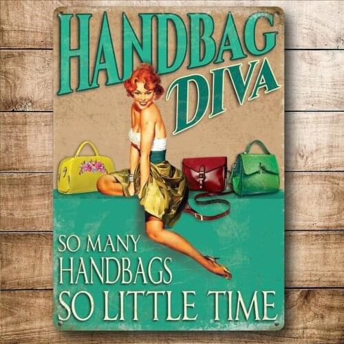 Handbag Diva Funny Pinup Girl Retro Fashion Bag Medium Metal Steel Wall Sign