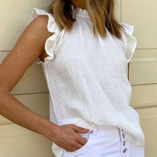 Ruffled White Tank Top For Women Plus Size Summer Clothes Comfortable Casual Butterfly Sleeve Casual Neck Solid Color Top Blusas