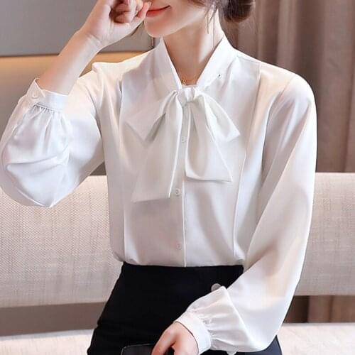 Women Blouses Blusas Mujer De Moda 2021 Blouse Women Bow V-neck Chiffon Blouse Shirt Long Sleeve White Blouse Shirts Tops D418