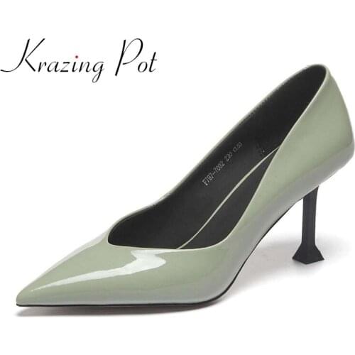 Krazing pot 2021 newest patent leather pointed toe high heels European style young lady mature slip on shallow women pumps L75