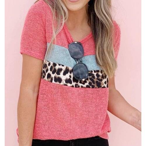 Womens Summer Fashion Casual O-Neck Patchwork Short Sleeve Leopard Print Tops