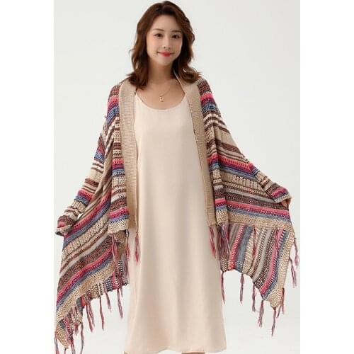 Ethnic Cloak Scarf Womens Colorful Knitted Cardigan Coat Shawl Autumn Winter Coat Echarpes Oversized Pashmina Thick Warm Chal