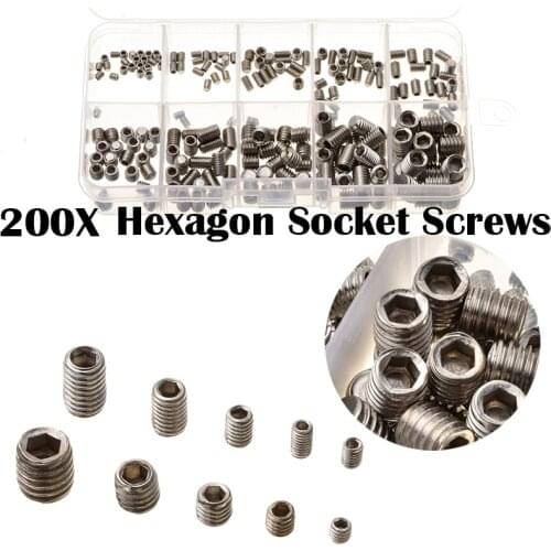 200Pcs M3/M4/M5/M6/M8 304 Stainless Steel Grub Screws Hex Socket Screw Assortment Kit Hexagon Screws Set