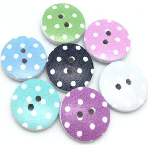 30pcs Mixed Corlors 2 Holes 15MM Wood Buttons White Dot Printed Pack of 30pcs 7NK219