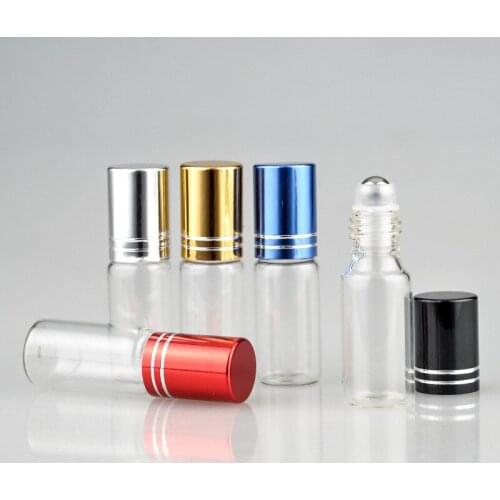 5ml 10ml Clear Frosted Glass Roll On Essential Oils Perfume Bottles with Stainless Steel Roller Ball 5 colors cap to choose