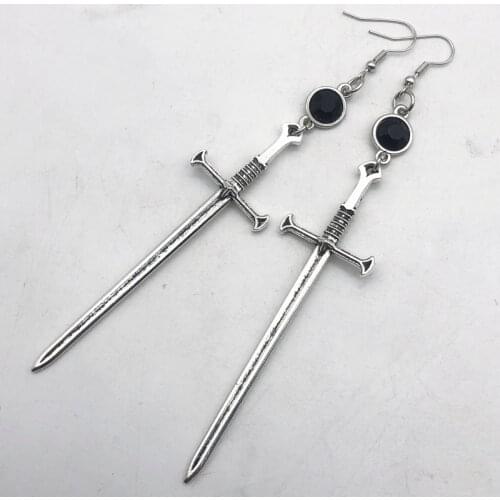Black Crystal Sword Earrings, Extra Long Shoulder Shoulder Gothic Earrings Witch Goddess Gothic Dangle Earrings