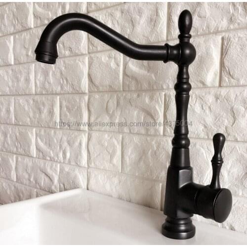 Black Brass Bathroom Basin Sink Mixer Taps Deck Mounted Single Holder 360 Swivel Spout Black Faucet Nnf386