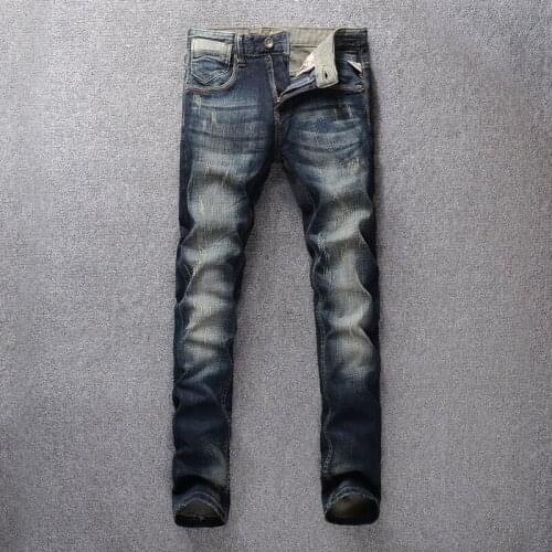 Italian Style Fashion Men Jeans Retro Black Blue Elastic Slim Fit Ripped Jeans Men Scratch Vintage Designer Casual Denim Pants