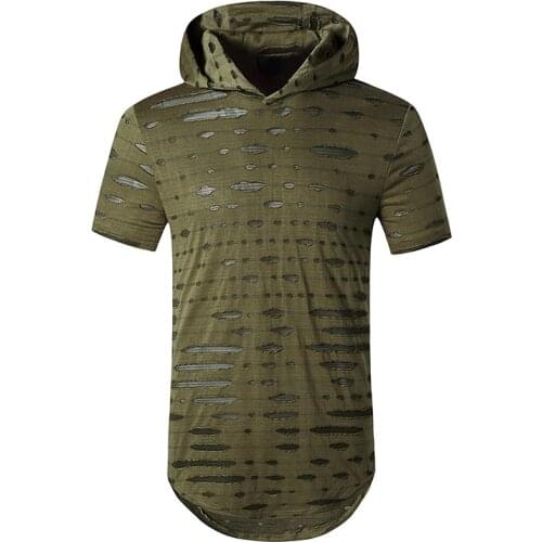 Mens Hipster Hip Hop Ripped Round Hemline Hole T Shirt Men Short Sleeve Hoodie T-shirt Men Casual Streetwear Tee Shirt Homme XXL