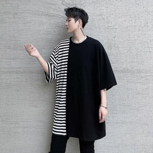 Summer wear and Korean mens loose stripe splicing short sleeve T-shirt youth trendy mens hip-hop lazy half sleeve T-shirt