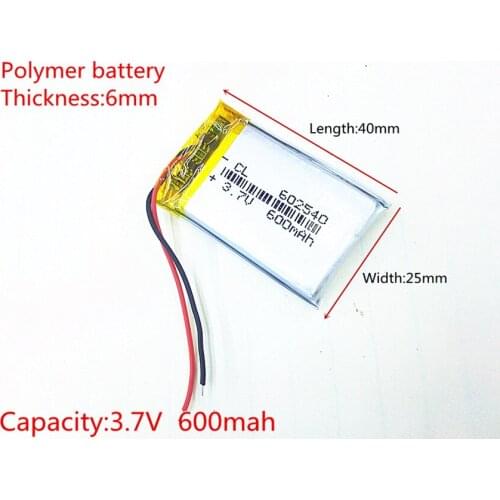 Li-po 3.7V,600mAH,[602540] Polymer lithium ion / Li-ion battery for DVR RECORD,MP3,MP4,TOY,GPS,SMART WATCH,SPORT CAMERA