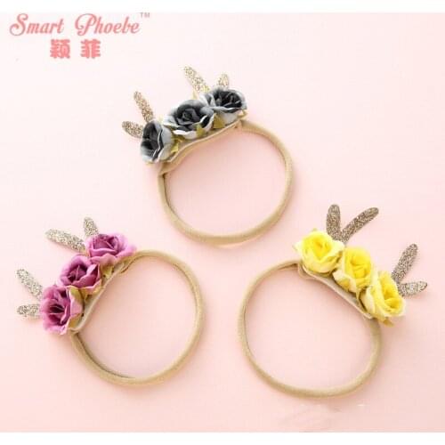 12pcs Fashion Glitter Reindeer Floral Super Soft Headbands Flower Nylon Hairbands XMAS New Year Party Headwear Hair Accessories