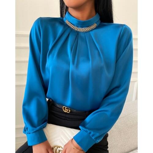 Fashion Womens Tops And Blouses Metal Decoration Stand Collar Office Blouse Women Chiffon Blouse Shirt Long Sleeve Women Shirts