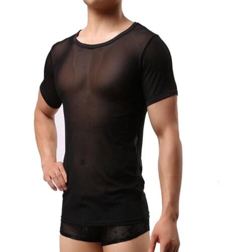 Mens sexy transparent short-sleeved T-shirt 2021 fashion transparent underwear shirt mens mesh transparent top