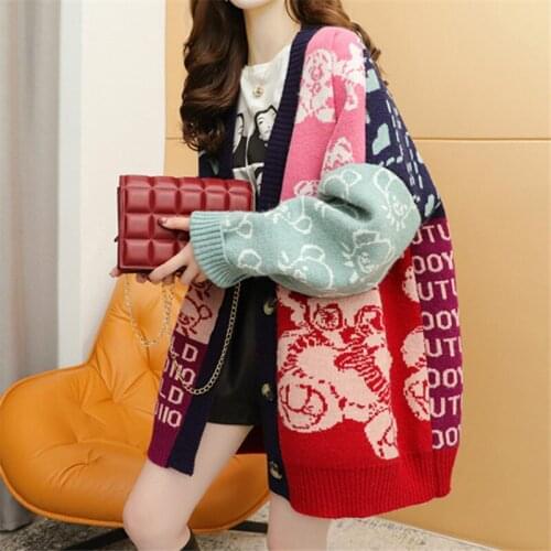 NCLAGEN Vintage Cartoon Bear Letter Pattern Women Long Sleeve Cardigans Sweater Autumn Winter Thick Warm Outerwear Cardigan Coat