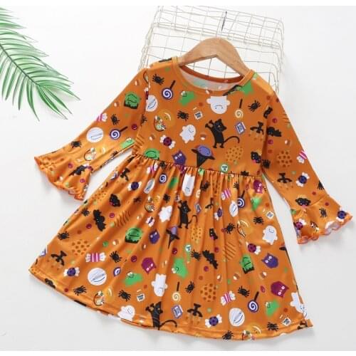 New Dress for Girl Kids Children Cotton Casual Halloween Pumpkin Printed O-Neck Princess Long Sleeve Winter Dress Girls Dresses