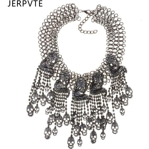 Fashion Skull Tassel Choker Necklace Women Luxury Antique Punk Skull Skeleton Pendants Necklace Inlay Crystal Statement Necklace