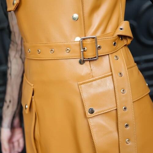 Women Streetwear Sashes Slim Sheepskin Dress Square Collar Pockets Sleeveless Short Dress Spring 2020 ELegant Office Dresses