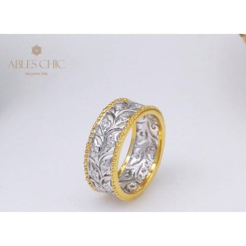 Rose Flowers 18K Gold Tone Renaissance CZ Rings Solid 925 Silver Zircons Filigree Floral Wide Wedding Band Premium Fine Jewelry