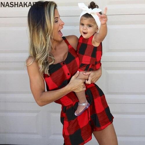NASHAKAITE Mommy and me Jumpsuits Summer Casual Sleeveless Plaid Jumpsuits Family Look Mom and daughter matching clothes