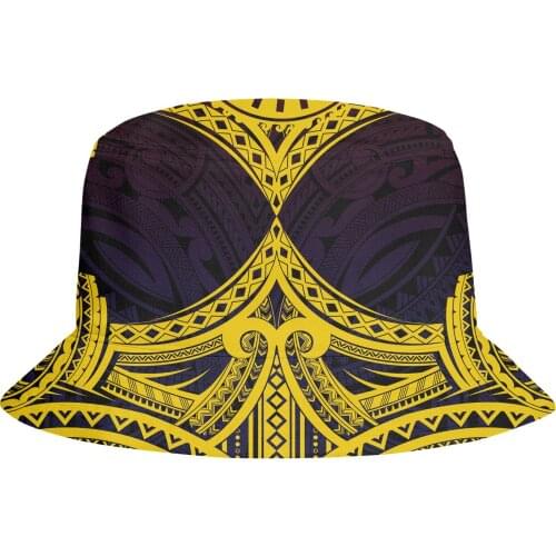 Customize Yellow with black printing cap Summer Polynesian Bucket Hat Foldable Fisherman Hat Woman Soft Beach Sun Fisherman Hat