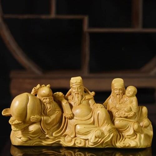 13/17CM Fu Lu Shou Boxwood Decoration Statue Crafts Feng Shui Elder Birthday Gift Three Gods Sculpture Home Decor