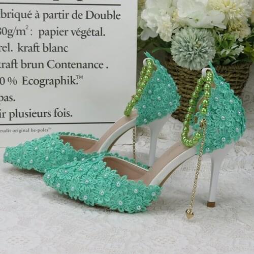 Women Pointed Toe Wedding shoes Ankle strap Buckle shoes Pearl Flower party dress shoes Beads shoes woman High Heel Pumps