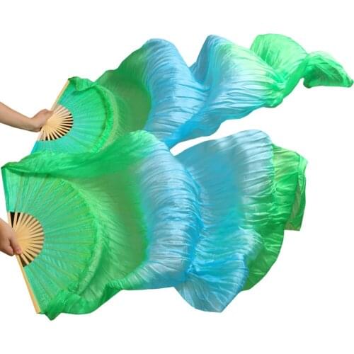High Quality 100% Real Silk Belly Dance Fans 1 Pair Belly Dancing Long Fans Dance Performance Props Green+Turquoise+Green 180x90