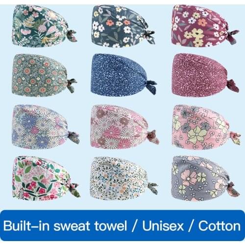 High Quality cute cartoon Floral printing Elastic Scrubs hats pet shop laboratory spa working hat beauty salon unisex Scrubs hat