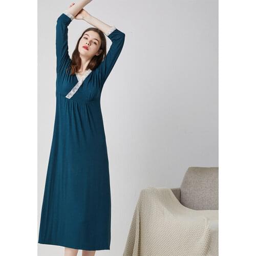 Lady nightdress for women princess lace Slim-Fitting home wear nightgown cotton long sleeve v -neck sleepdress sleepwear