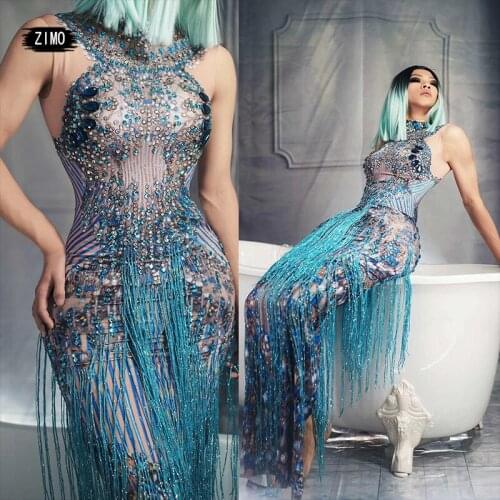 Women Tassel maxi Dress tight chic Blue Crystal Sexy birthday Party for wedding club rhinestone designer dresses runway elegant