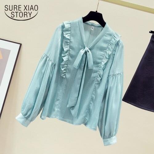 Bow Shirt Womens Blouse Autumn Long Sleeve Women Tops Korean Style Elegant Chiffon Shirt Solid Fairy Office Lady Clothes 11152