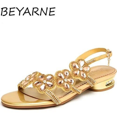 BEYARNE New Summer Shoes Flower Rhinestone Design Women Flat Shoes Female Sexy Comfortable Woman Sandals Open Toe Shoes Ladies