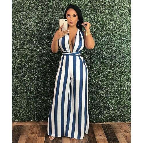 European and American Summer New Womens Sexy Deep V Collar Striped Broad Legged Trousers