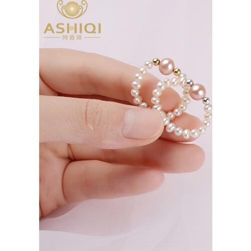 ASHIQI Natural Freshwater Pearls Ring Women with Two Sterling silver Beads Jewelry wedding Gift