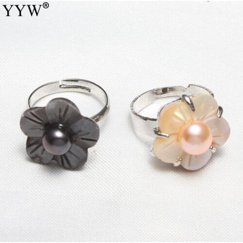 1pc Freshwater Pearl Finger Ring With Shell & Brass Flower Silver Color Plated Adjustable Ring For Woman US size 7