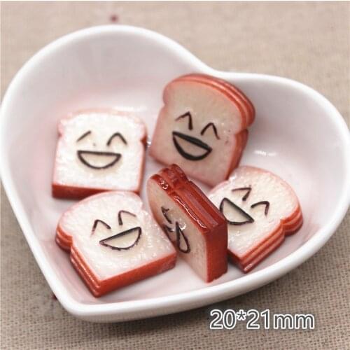 10pcs 20*21mm Kawaii New Resin Smiley Toast Bread Simulation Miniature Food Art DIY Craft Decoration Accessories