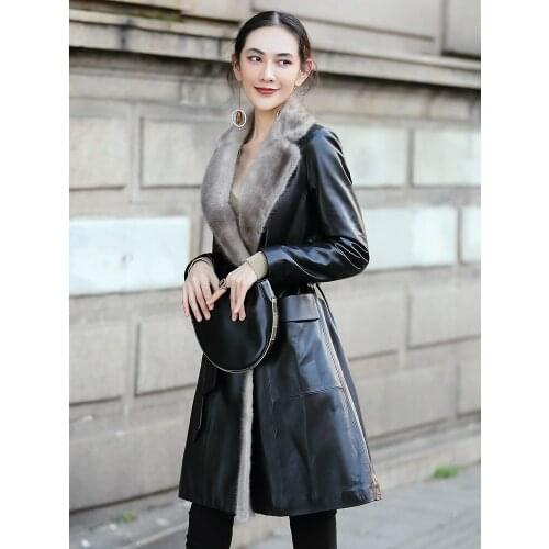 2020 Leather Jacket Winter Coat Women Mink Fur Collar Warm Down Jacket Women Genuine Sheepskin Coat Manteau Femme MY4438