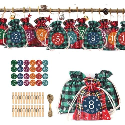 24PCS Christmas Advent Calendar Countdown Bag Hanging Candy Gift Sacks Pouch with Clips Stickers Rope Home Christmas Decoration