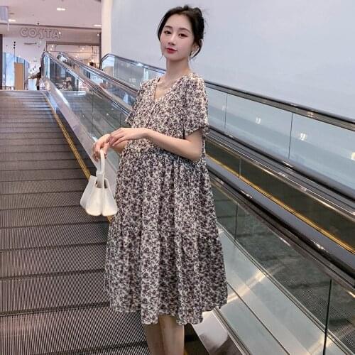 55155# Maternity Clothes Summer Chiffon Short Sleeves Loose Floral Stylish Dress Pregnant Women Mom Dress
