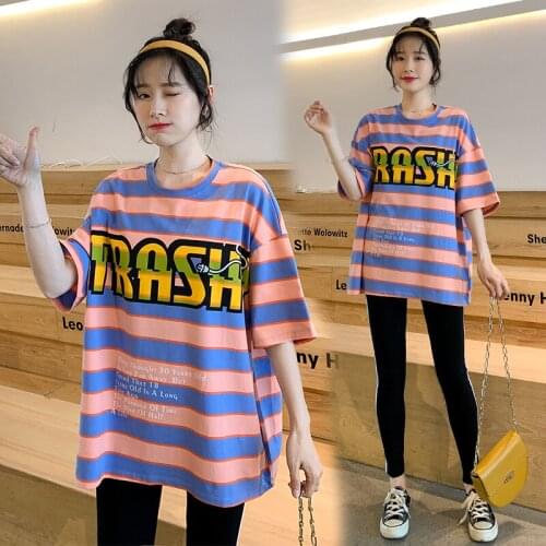 6632# Maternity Clothes Summer Stripe Short Sleeves O Neck T Shirt Stylish Tops Pregnant Women Pregnancy Clothes