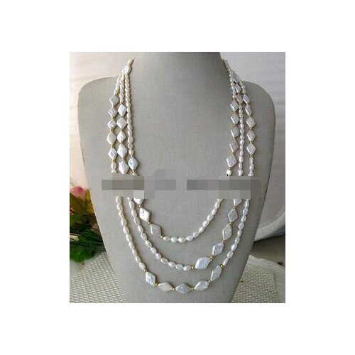 FREE SHIPPING>>> Beautiful 80" White Baroque Keshi KEISHI & Rhombus Freshwater Pearl Necklace