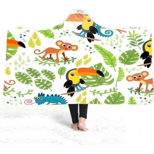 Free shipping Gift Adult Kids Fleece Hooded Blanket Throw Zoo Animal Tiger Lion Bear Giraffe Zebra Monkey Toucan Bird Print