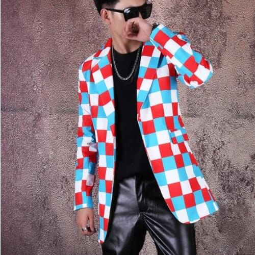 Blazer men suit multicolor plaid jackets mens Mid-length suits costume singer star style dance stage clothing formal dress b602