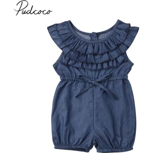 2019 Brand New 0-4Y Newborn Toddler Baby Girls Denim Romper Ruffles Short Sleeve Elastic Waist Blue Jumpsuits Summer Clothes